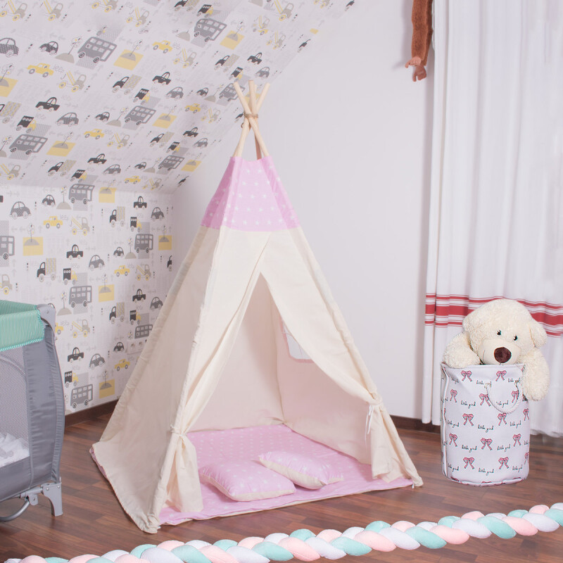 Kids play tent with cushions, pink with stars, 160 x 120 x 100 cm