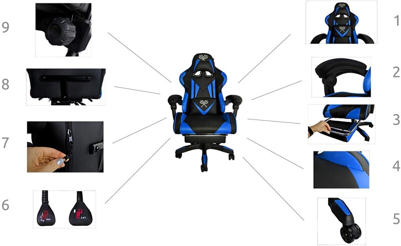 Kompiuterinių žaidimų mėgėjo kėdė su atrama kojoms, mėlyna ir juoda (8978)