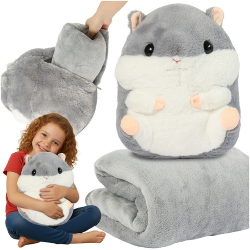 3-in-1 plush pillow, blanket and toy Hamster, grey