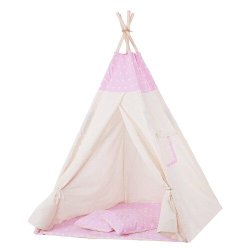 Kids play tent with cushions, pink with stars, 160 x 120 x 100 cm