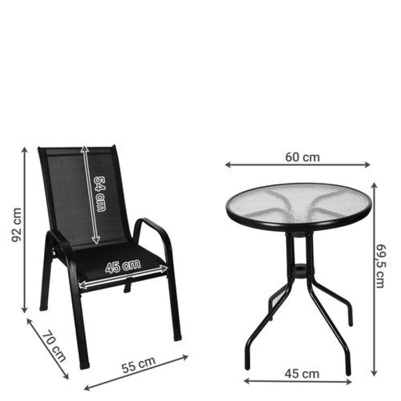 Table, metal with glass surface + 2 chairs, black