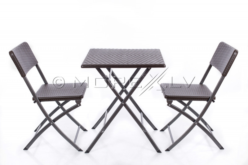 Sulankstomas kvadratinis rotango dizaino stalas 62x62x74 cm + 2 kėdė